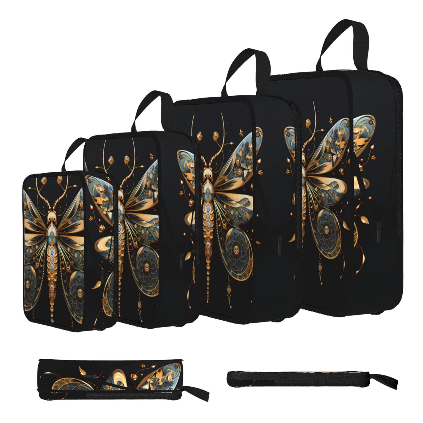 Sxzvvbn Black Golden Delicate Dragonfly On Background Compression Packing Cubes 4 Piece Set