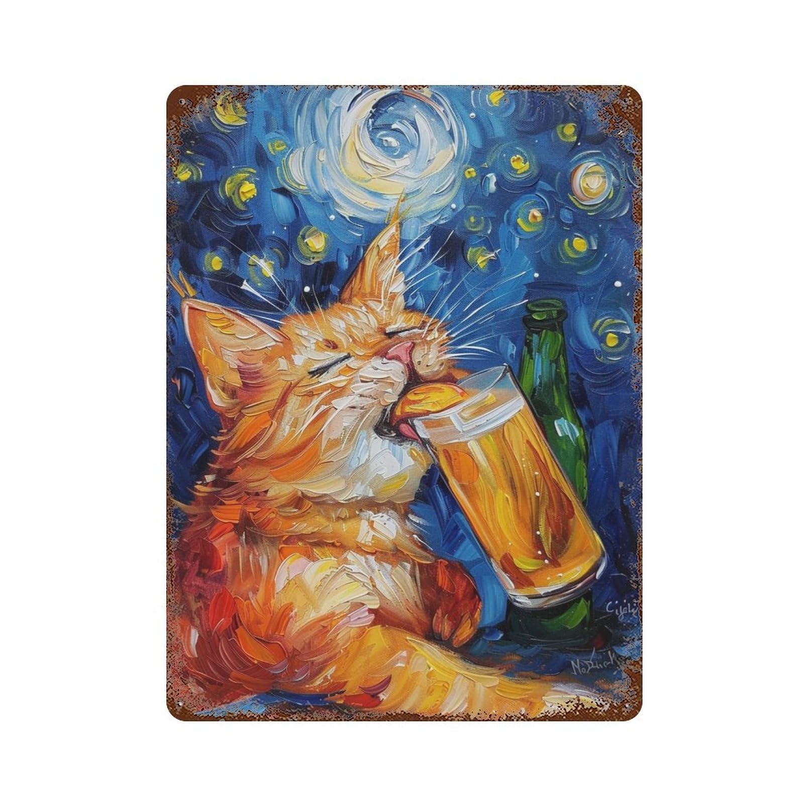 Decorative Tin Sign with Starry Night Cat with Beer -4 Design 15.7"x11.8", for Basement, Hobby Room And Garage Decor, Farmhouse Wall Decor