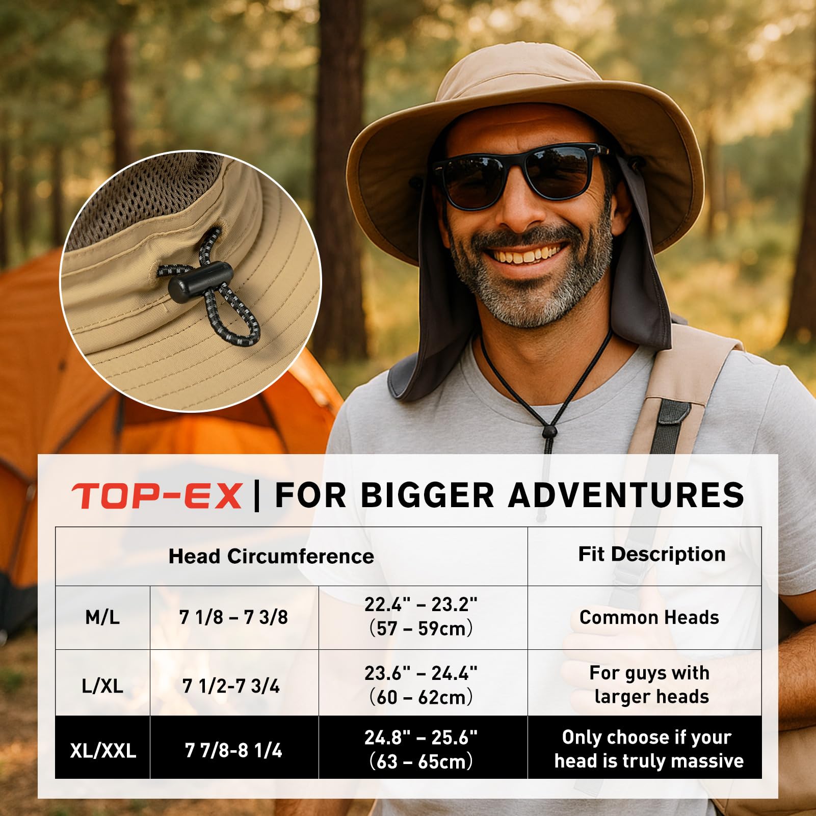 TOP-EX Herren-Sonnenhut mit kühlender Nackenklappe und breiter Krempe, Fischerhut, wasserdicht und verstaubar, Hellgrau, M/L