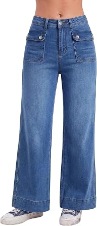 EMMIOL Wide Leg Jeans for Women with Cargo Patchwork Pockets High Mid Rise Stretchy Baggy Denim Pants Trendy Casual Trousers Mid Blue 2XL