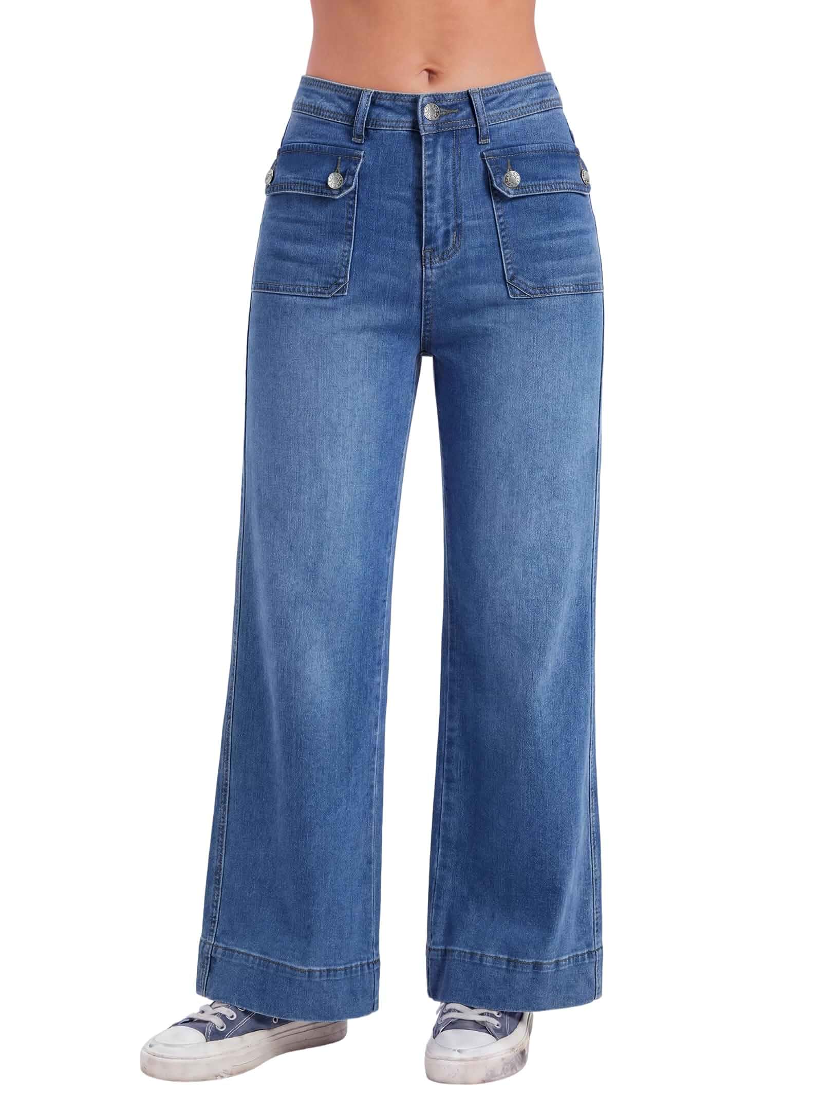 EMMIOL Women Wide Leg Jeans Mid High Waist Stretchy Baggy Denim Pants Soft Comfortable Jeans Women with Pockets,Lady Basic Full Length Denim,Relaxed Fit Casual Daily Wear Trousers Clothing