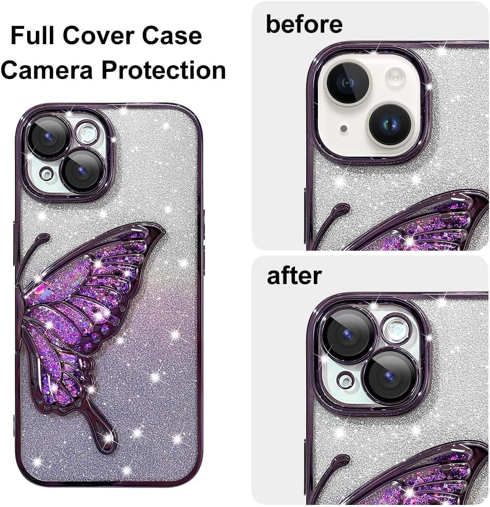Image of SHINESTAR 3D Butterfly Case for iPhone 15 Cover, Cute Girly Glitter Bling Luxury Back Cover for Women Girls Protective Shockproof Slim Camera Protection for iPhone 15 - Purple