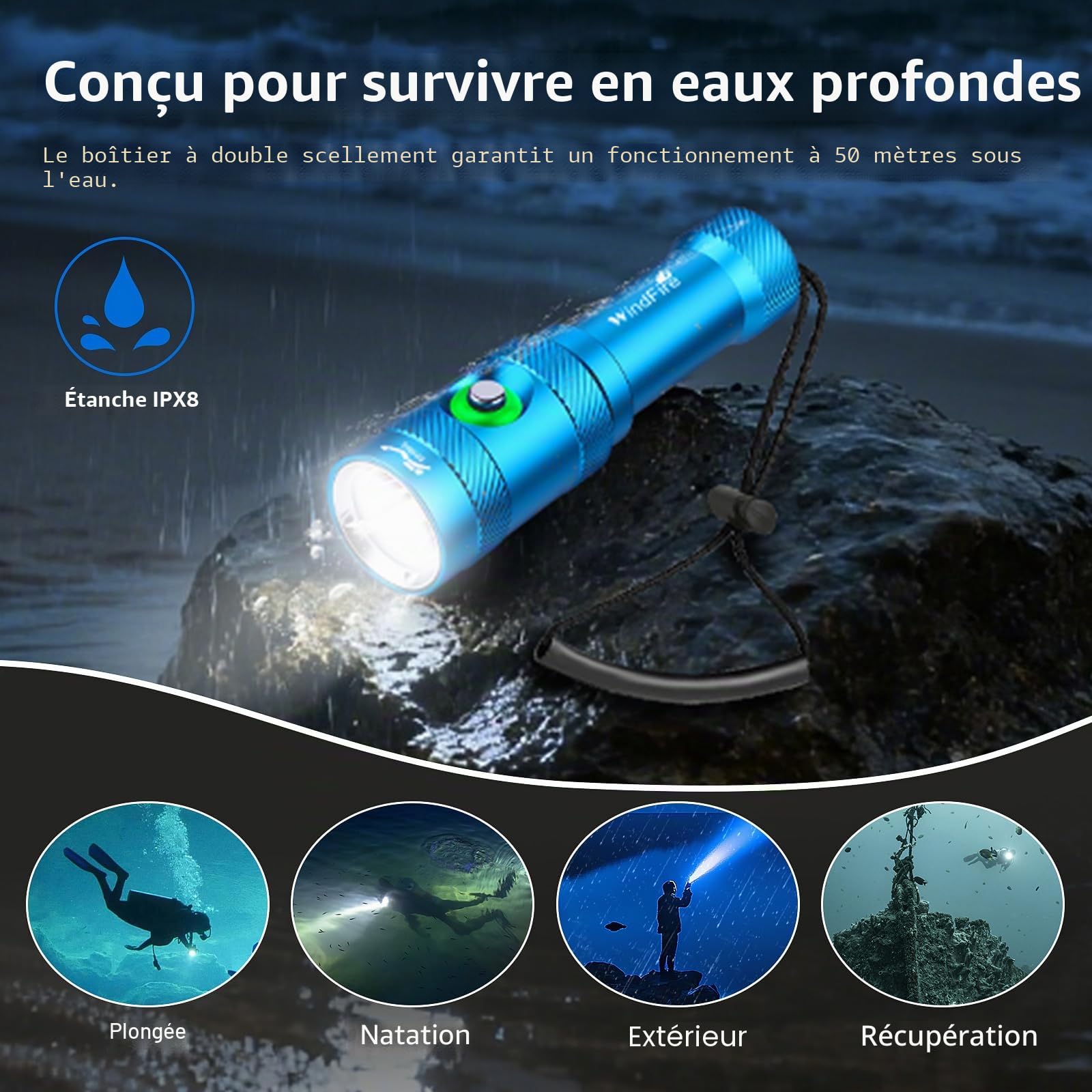 Windfire Lumière de Plongée 6000 LM Lampe de Poche Sous-Marine 3 Modes Indicateur de Puissance, Professionnelle IP68 Lampe de Poche Étanche Rechargeable
