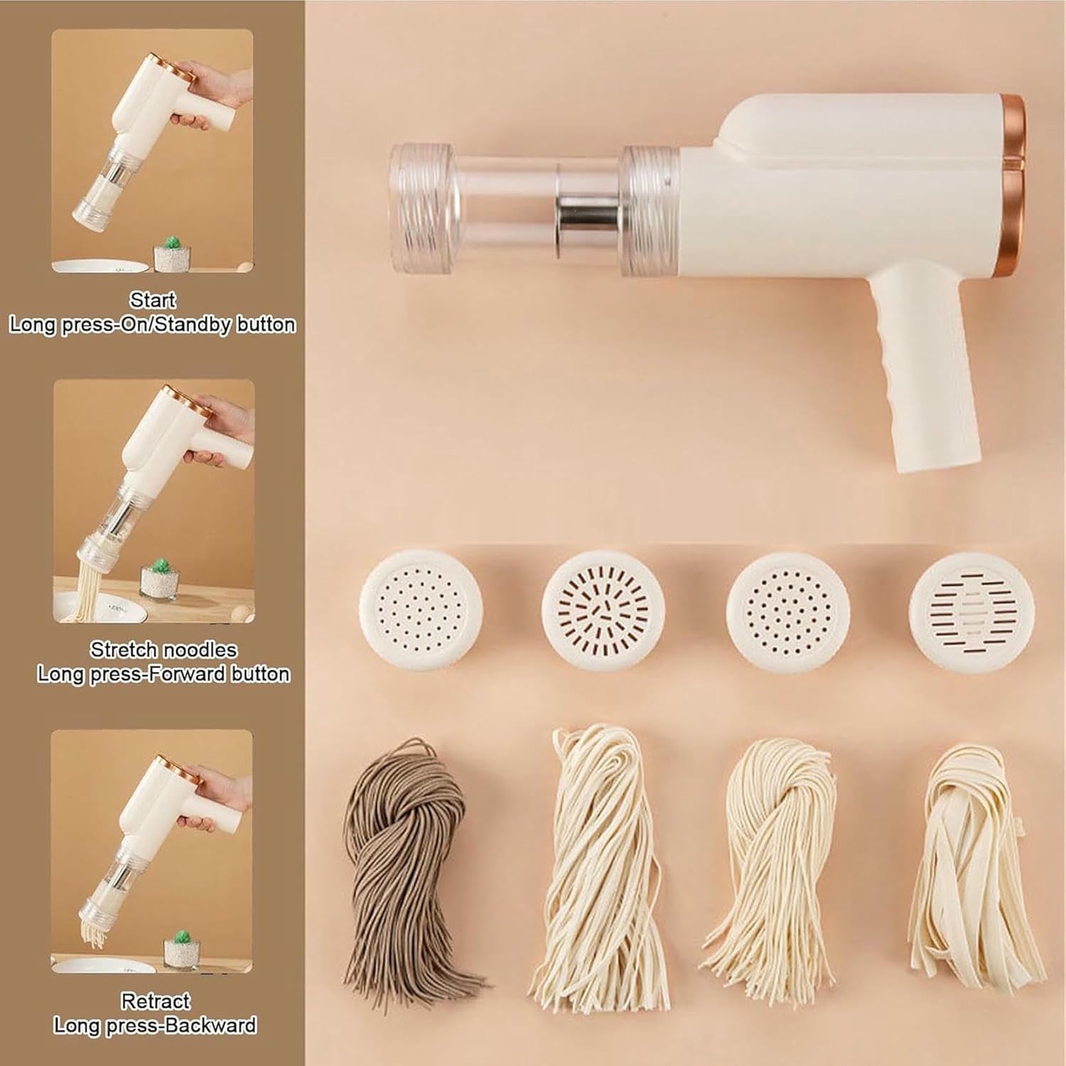 Household Electric Pasta Maker with 4 Shaping Molds and Cutter, Portable Automatic Noodle Pressing Machine Multi-Function Small Cordless Noodle Machine for Kitchen