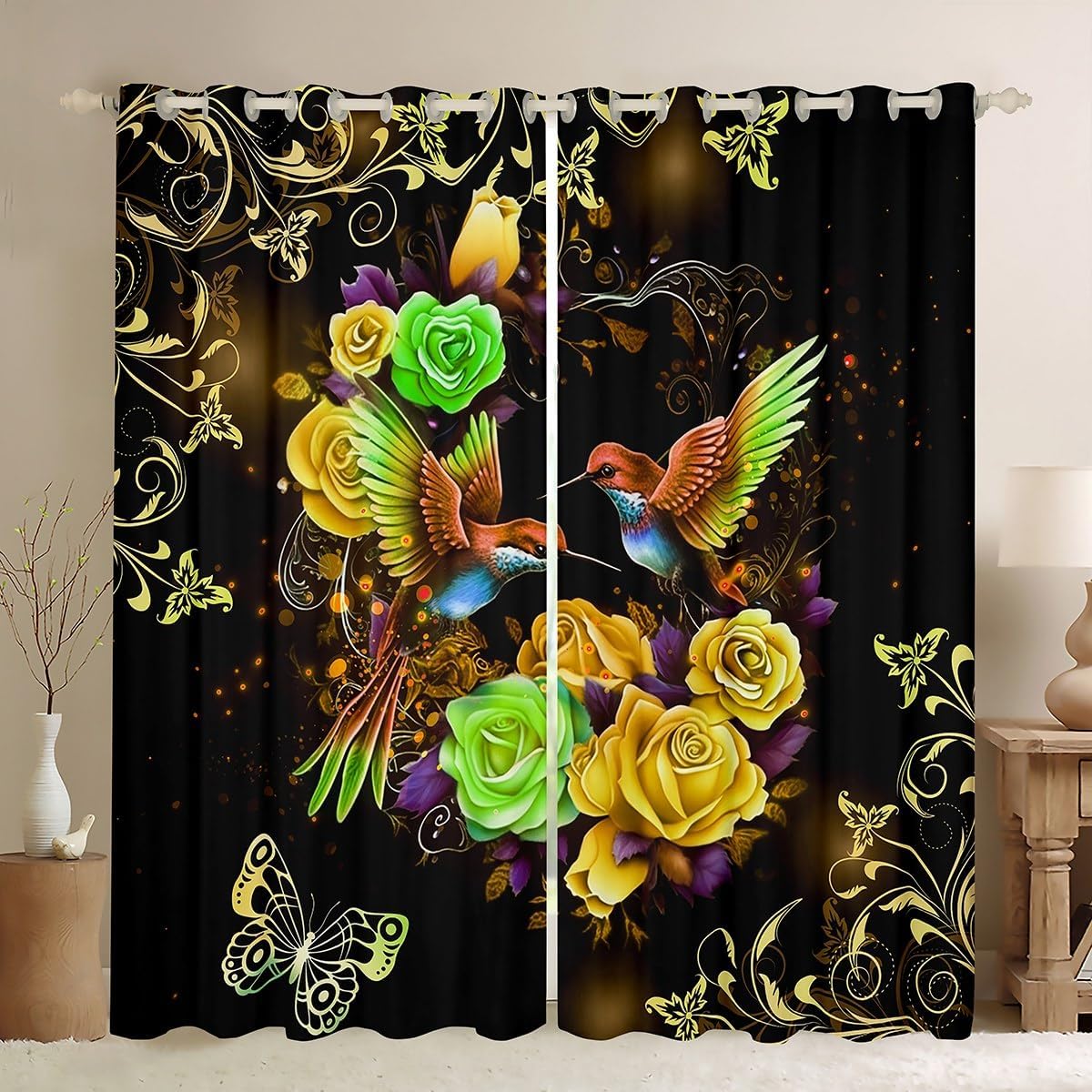 Hummingbird Curtains,Yellow Green Rose Window Curtains for Boys Girls Teens,Cute Birds Window Treatment Curtains Home Decor,Stars Butterflies Window Drapes for Living Room Bedroom,52Wx96L