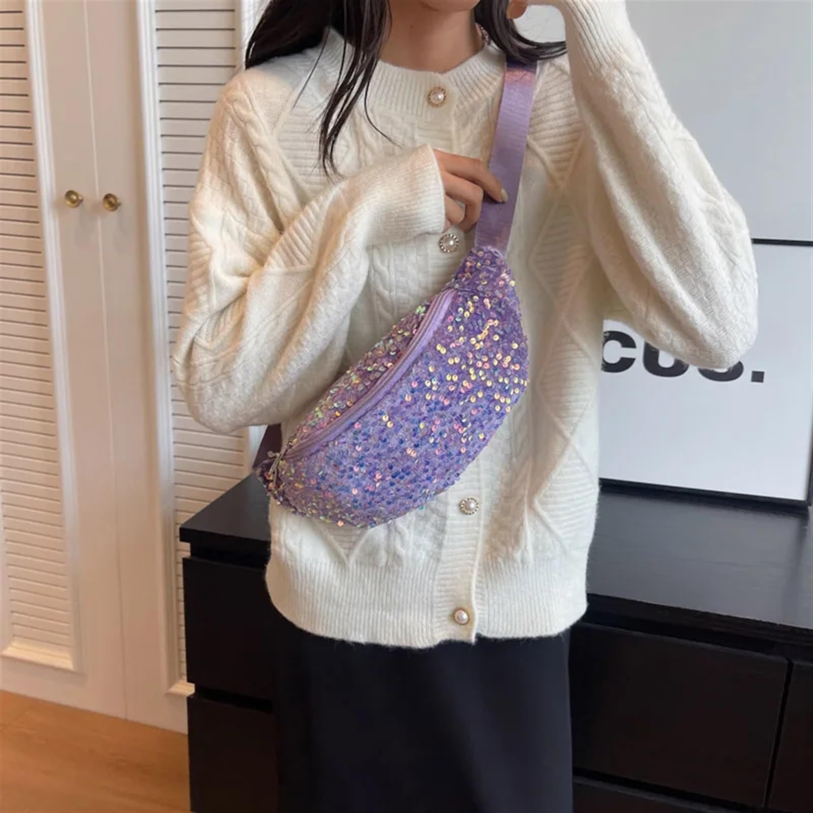 Marsupio da Donna di Lusso con Paillettes Marsupio alla Moda Borsa a Tracolla a Tracolla Casual(Purple)