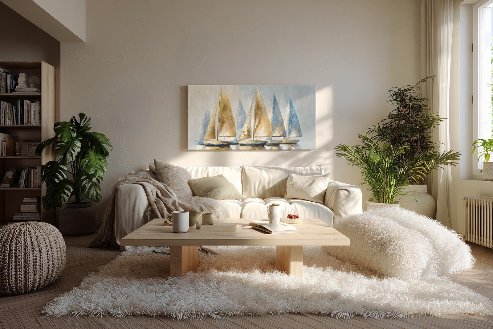 Sinus Art Wandbild 120x60cm Dynamisches Motiv mit sieben Segelbooten in Blau und Goldtönen – stilvoll und maritim zugleich