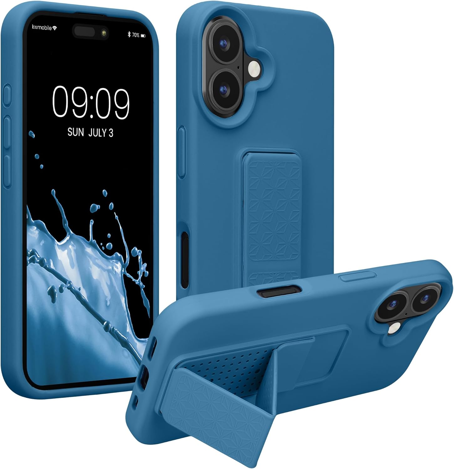 kwmobile Case Compatible with Apple iPhone 16 - Case with Hand Strap and Stand Soft TPU Silicone Coating - Caribbean Blue