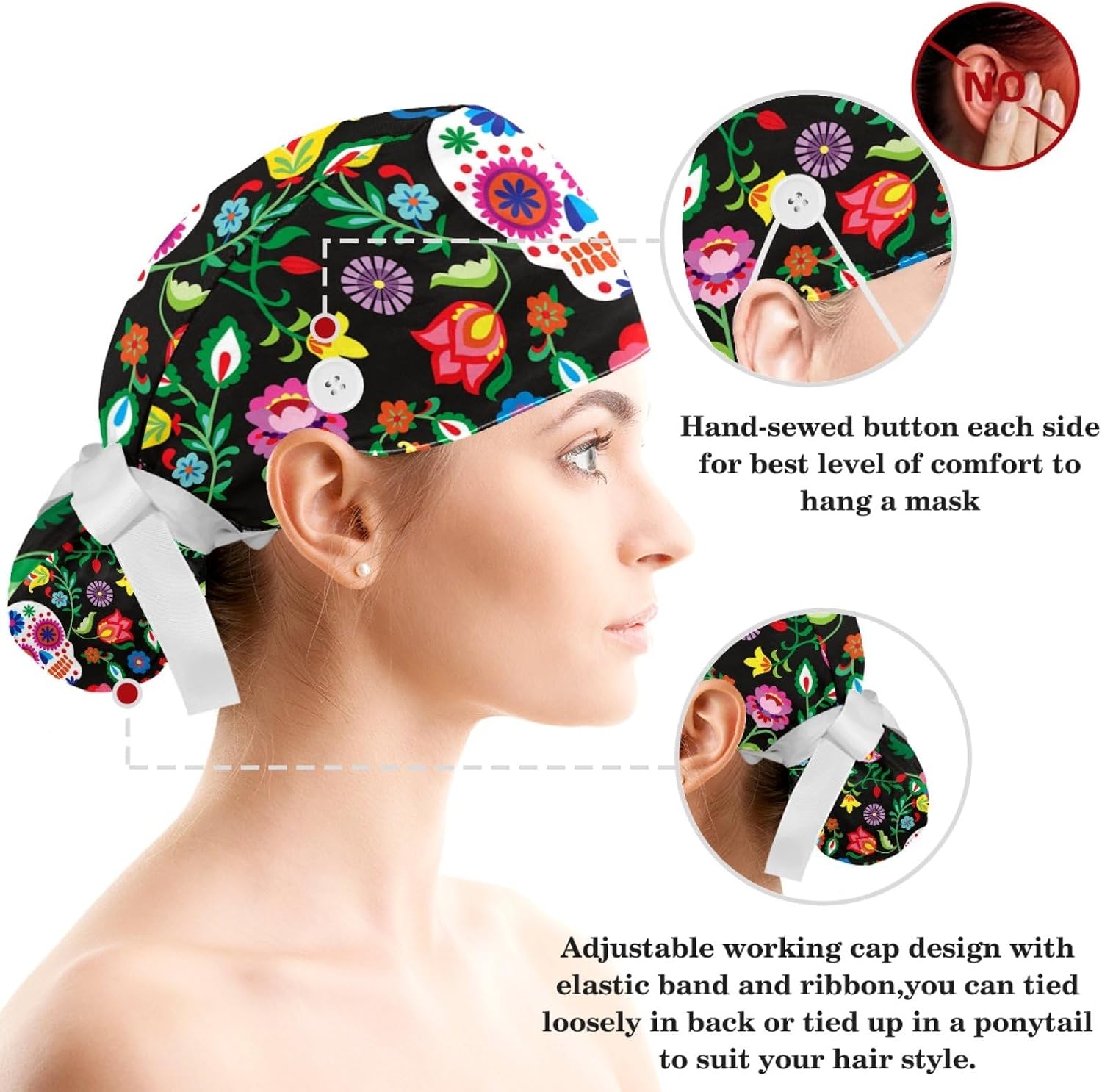 Sugar Skull Dia de Muertos Adjustable Women Working Cap with Bow Hair Scrunchy, Bouffant Hat with Buttons