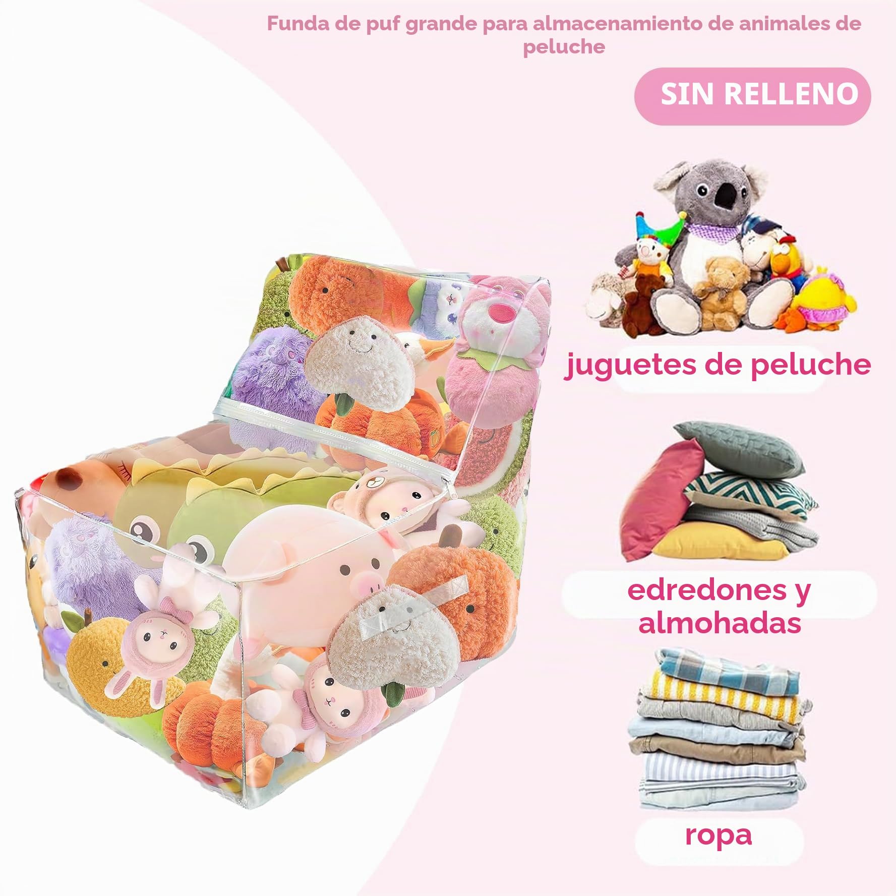 Reofrey Bolsa de almacenamiento de juguetes suaves 2 en 1 estilo sofá, organización de juguetes, almacenamiento de animales de peluche de PVC con cremalleras, funda transparente rellenable para silla
