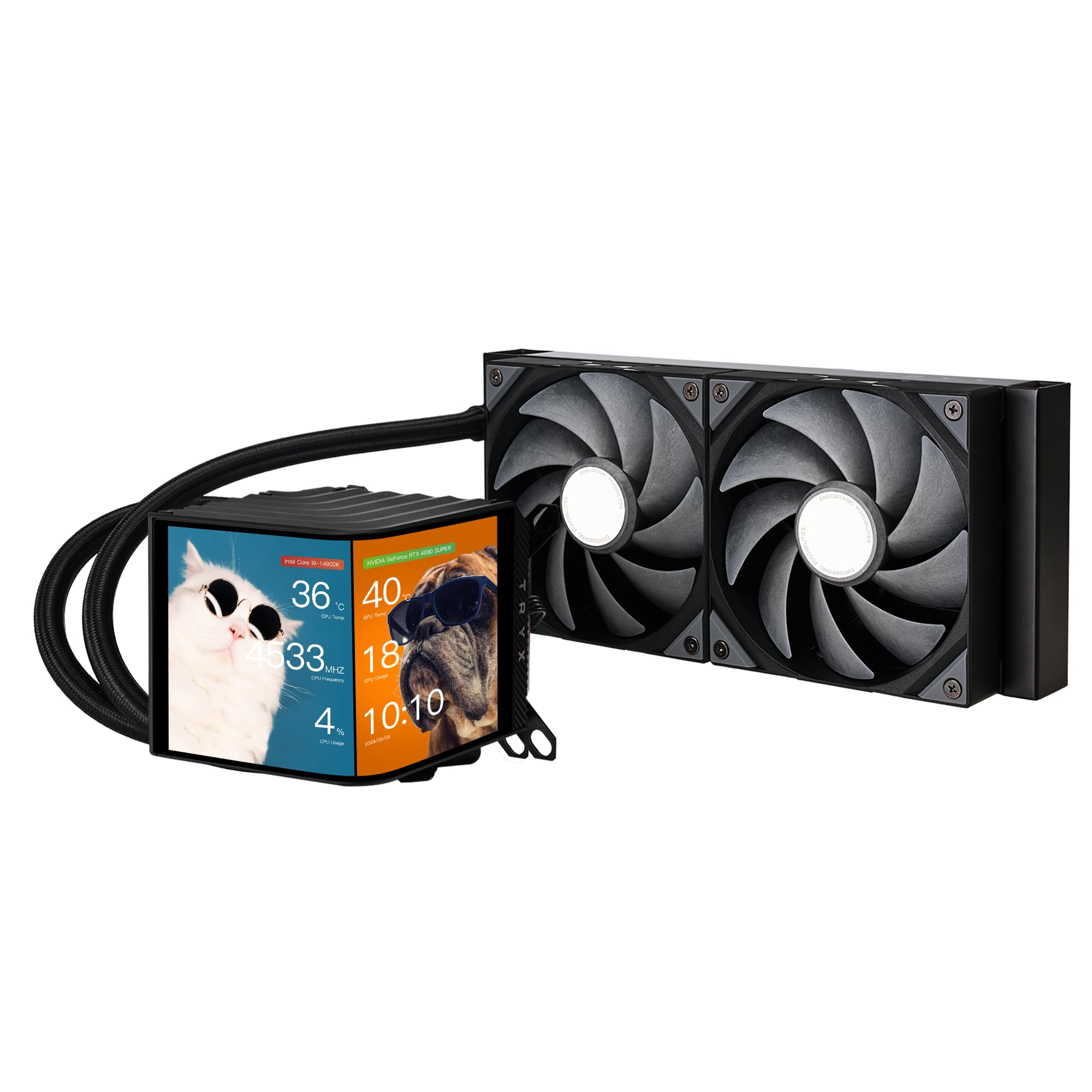 TRYX Panorama 240 240mm AIO 6.67'' AMOLED L-Shaped Screen 3D Anamorphic Effect Display Customizable AIO Cooler 240mm 8th Gen Asetek Pump 280w TDP with ROTA PRO 120mm Fan for LGA 1700/1200/115X AM5/AM4