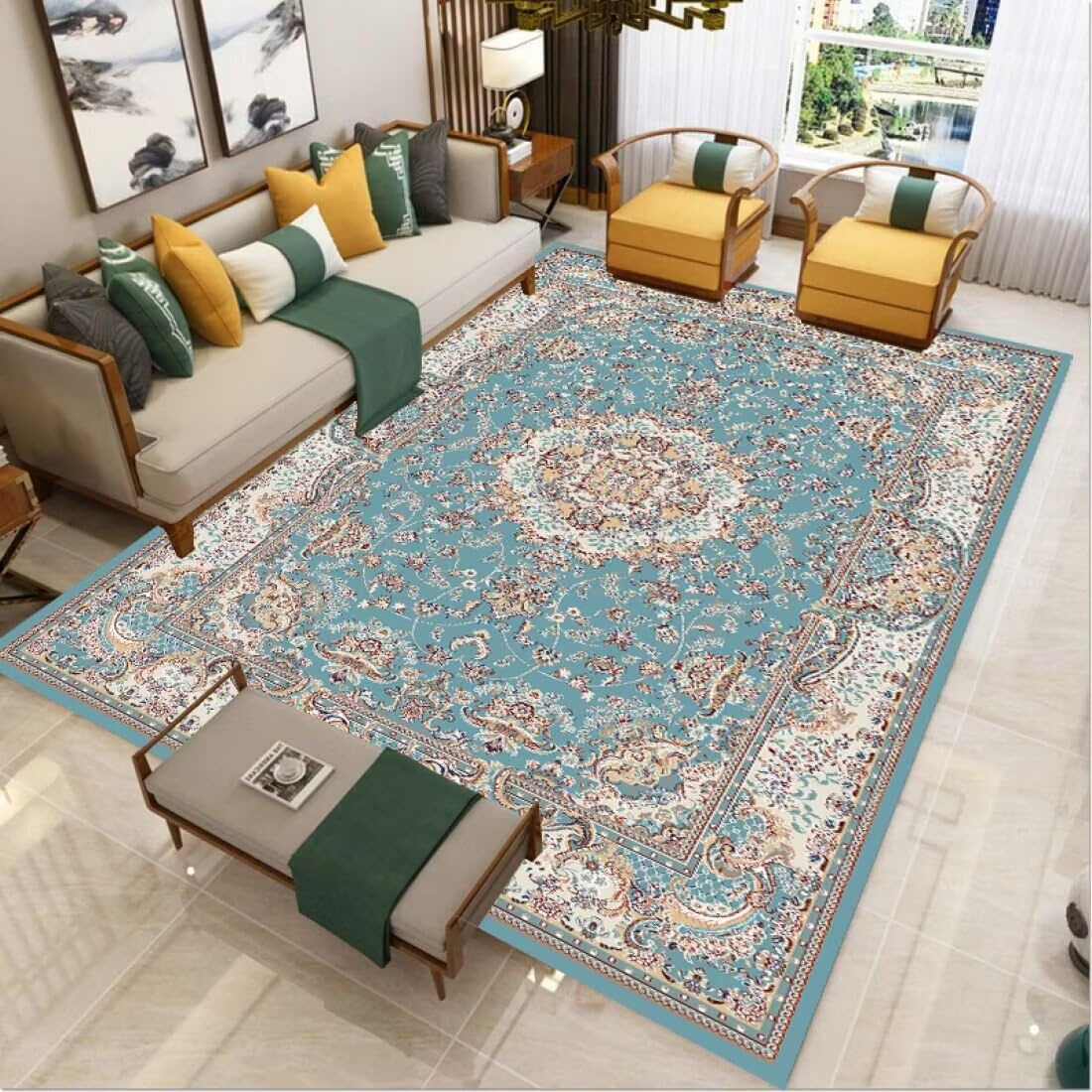Tapis d'entrée antidérapant motif mer de fleurs 50x70cm pour salon