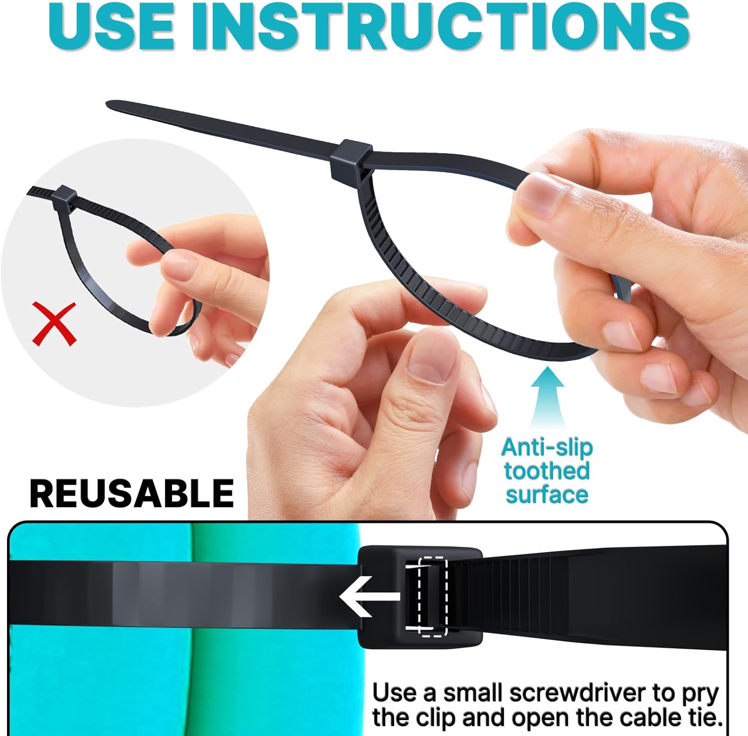 12 inch Cable Ties, Black, (4.8 mm x 300 mm), 1300-Pack: UV-Resistant, Long Cable Ties, Black, 28 kg Tensile Strength. Suitable for indoor and outdoor use, home, and office.