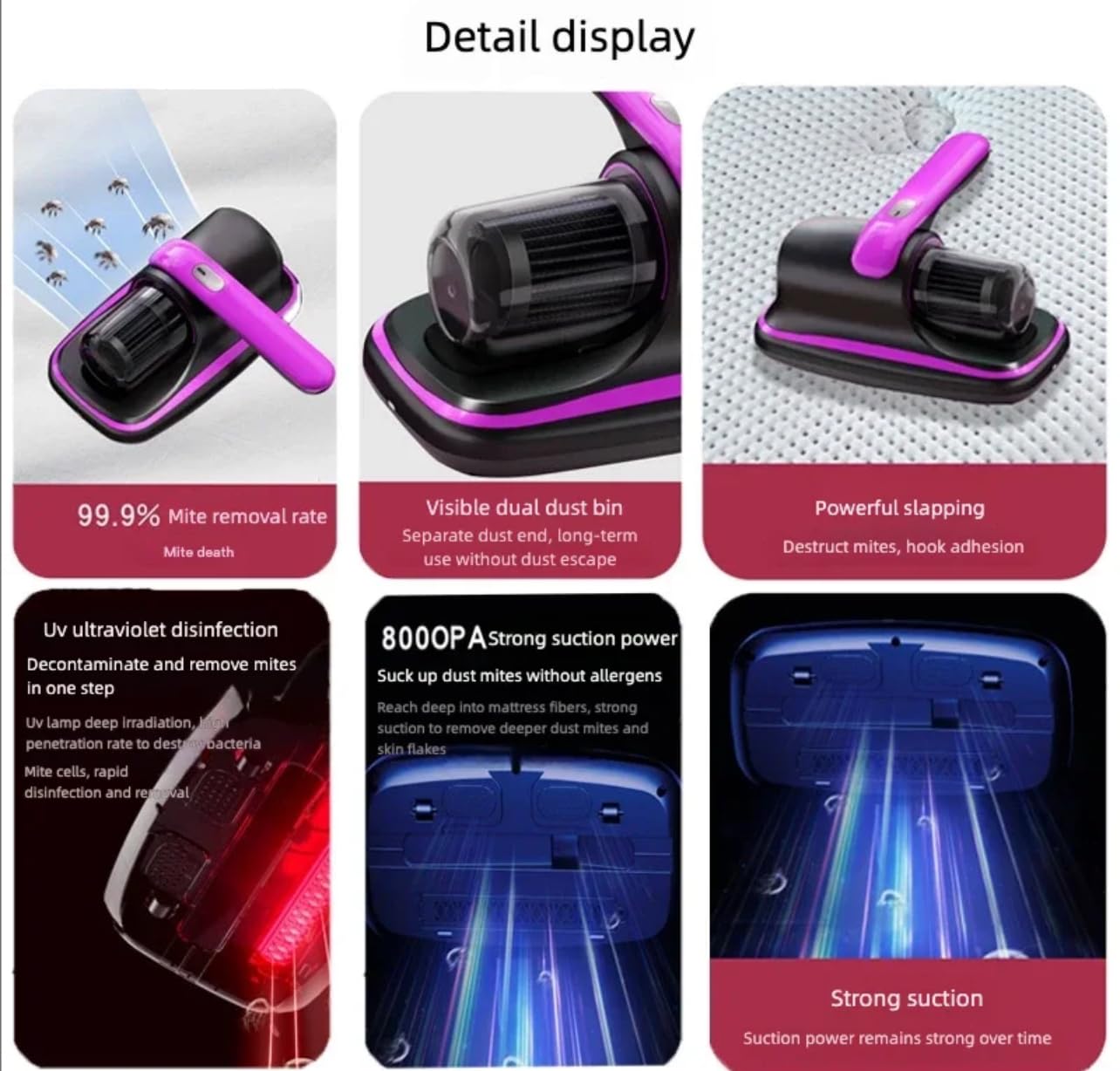 Generico Aspirapolvere Anti Acari UV-C per Materassi e Divani – Aspiratore Antiacaro con Luce UV, Vibrazione Battente e Aspirazione Potente – Pulizia Profonda per Letti, Tappeti e Tessuti