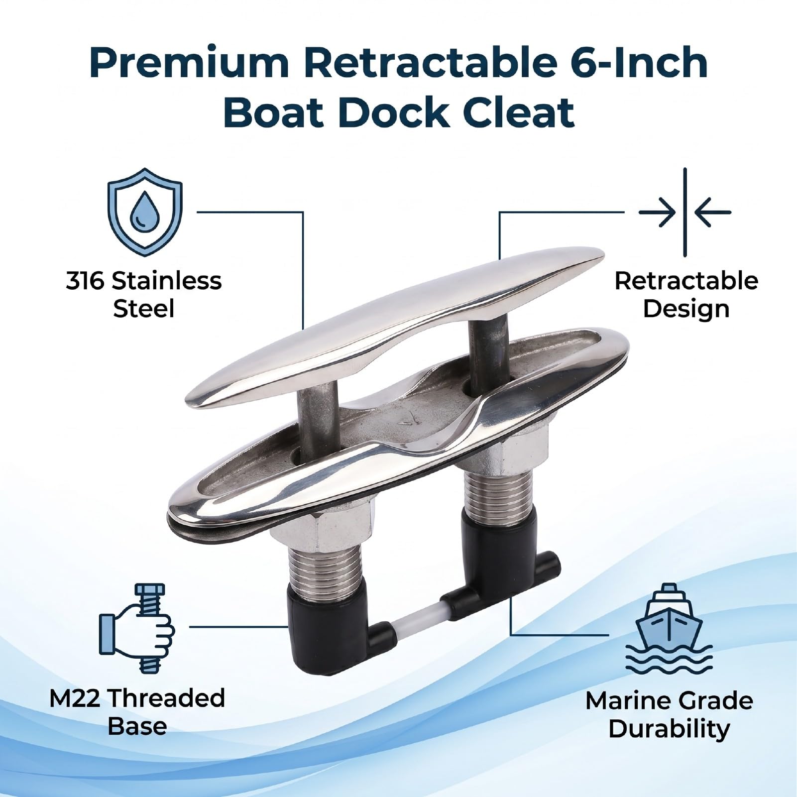 Luocute 6 Zoll Einziehbare Bootsdockklampe, Pop-Up-Klampe aus Edelstahl 316 mit Bündiger Montage, Trägerplatte und Sicherungsmuttern für Yacht-Frachtschiff-Schnellboot