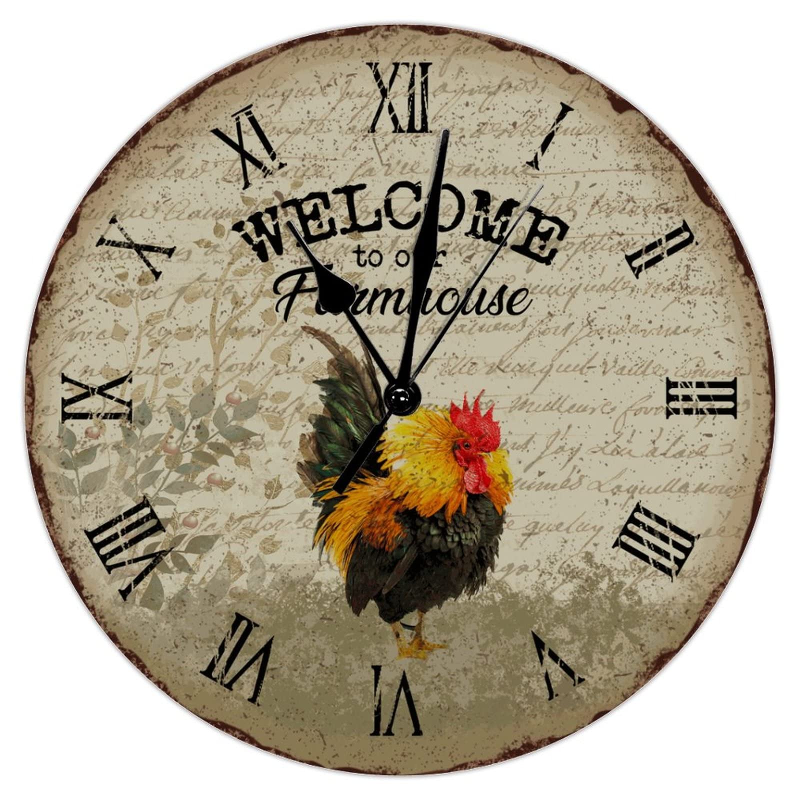 Horloge murale silencieuse coq de ferme en bois sans tic tac