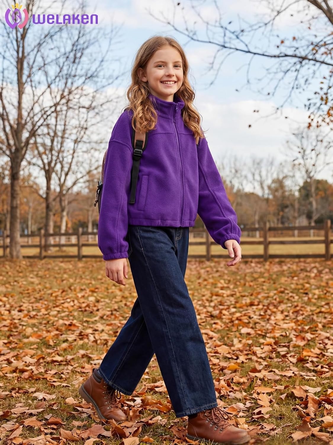 WELAKEN Girls Cropped Fleece Jacket - Warm Zip-Up with Pockets and Adjustable Hem for Sporty or Everyday Style