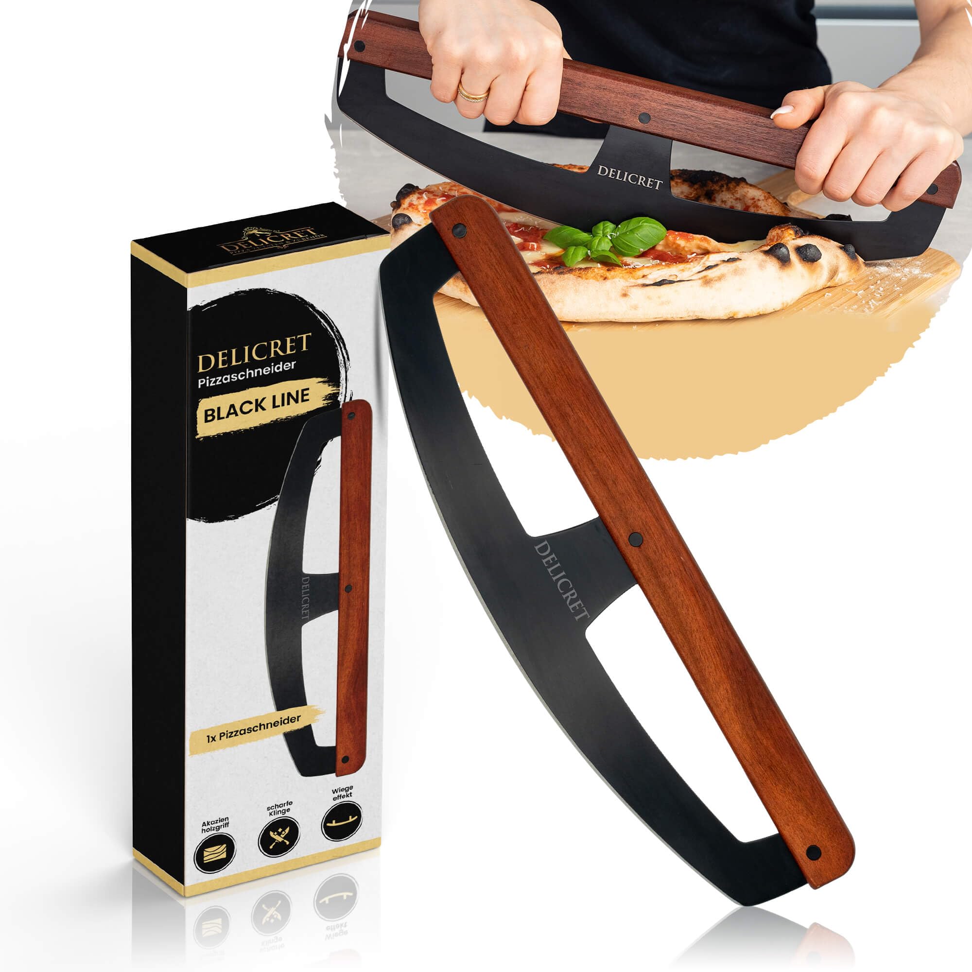 DELICRET Pizza Wiegemesser mit Akazienholzgriff & scharfer Edelstahlklinge | Extrem scharfer Pizzaschneider für müheloses Schneiden – perfektes Pizza Zubehör und einfach zu reinigen.