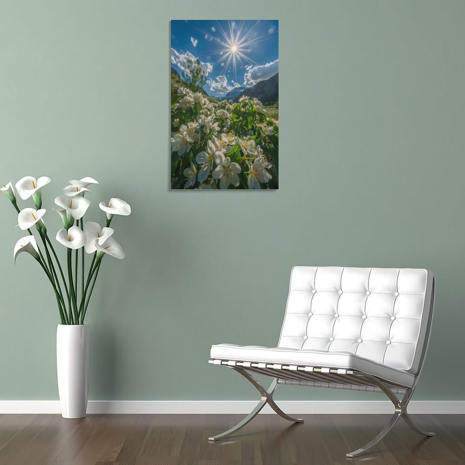 Amazon.co.jp: 太陽の下で散った花びらと新しい葉 純白花弁 絵画