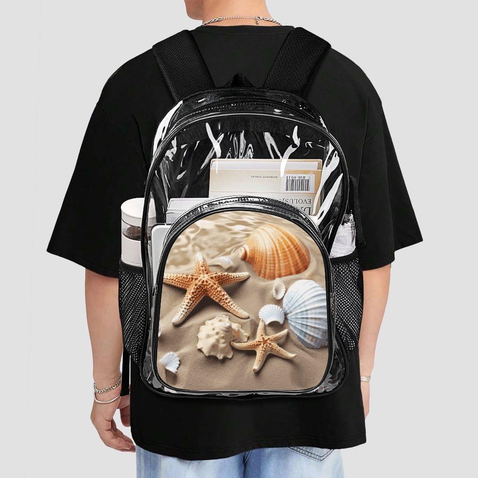 Transparenter Rucksack mit Muscheln, Seestern, groß, transparent, PVC, Büchertasche für Sicherheit, Arbeit, Reisen, Stadion