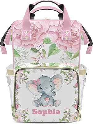 Pink Rose Elephant Diaper Bag Backpack Tote Custom with Name Multifunction Waterproof Travel Back Pack Diaper Bag Gifts Backpack for Men Women