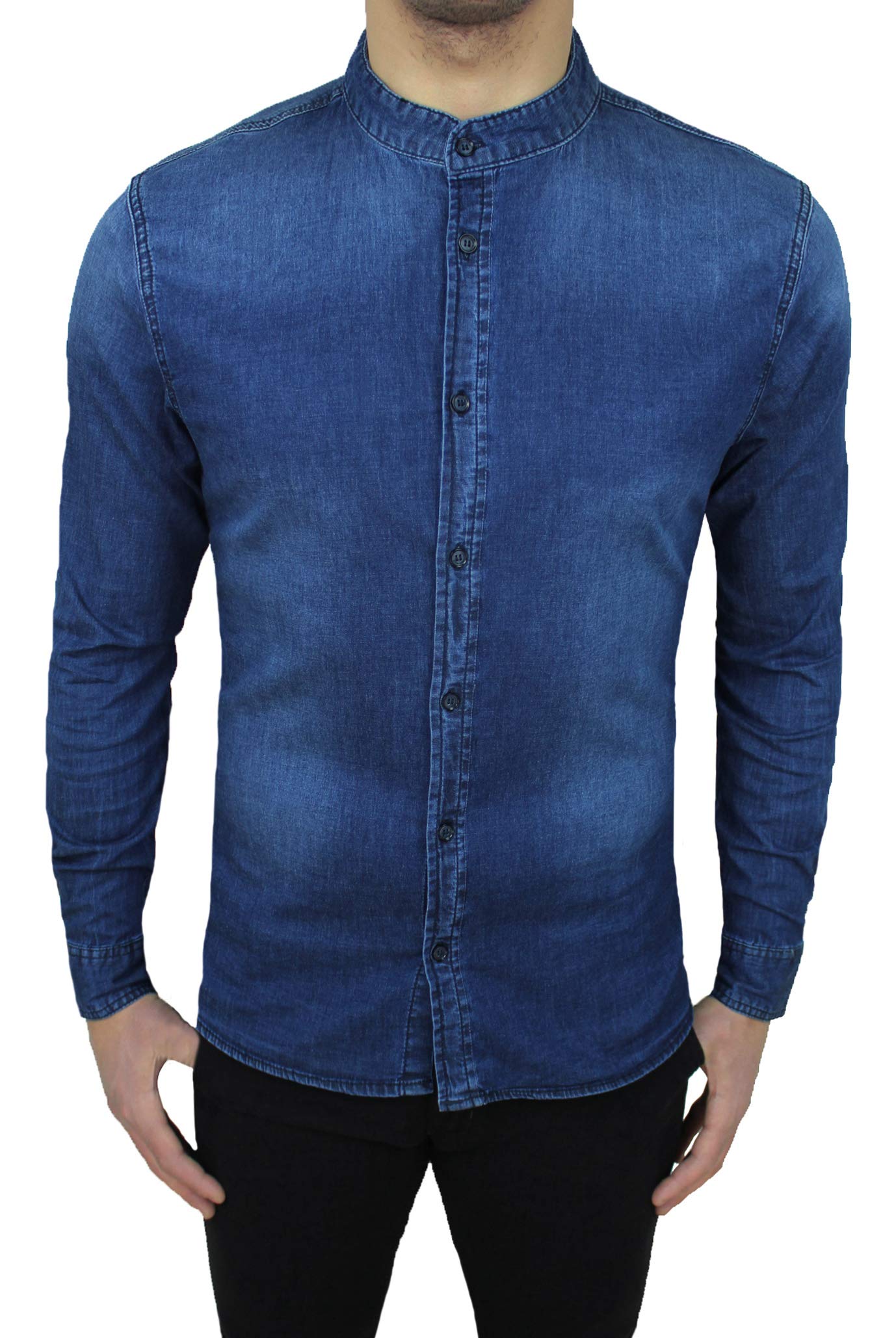 Camicia di Jeans Uomo Denim Slim Fit con Colletto alla Coreana