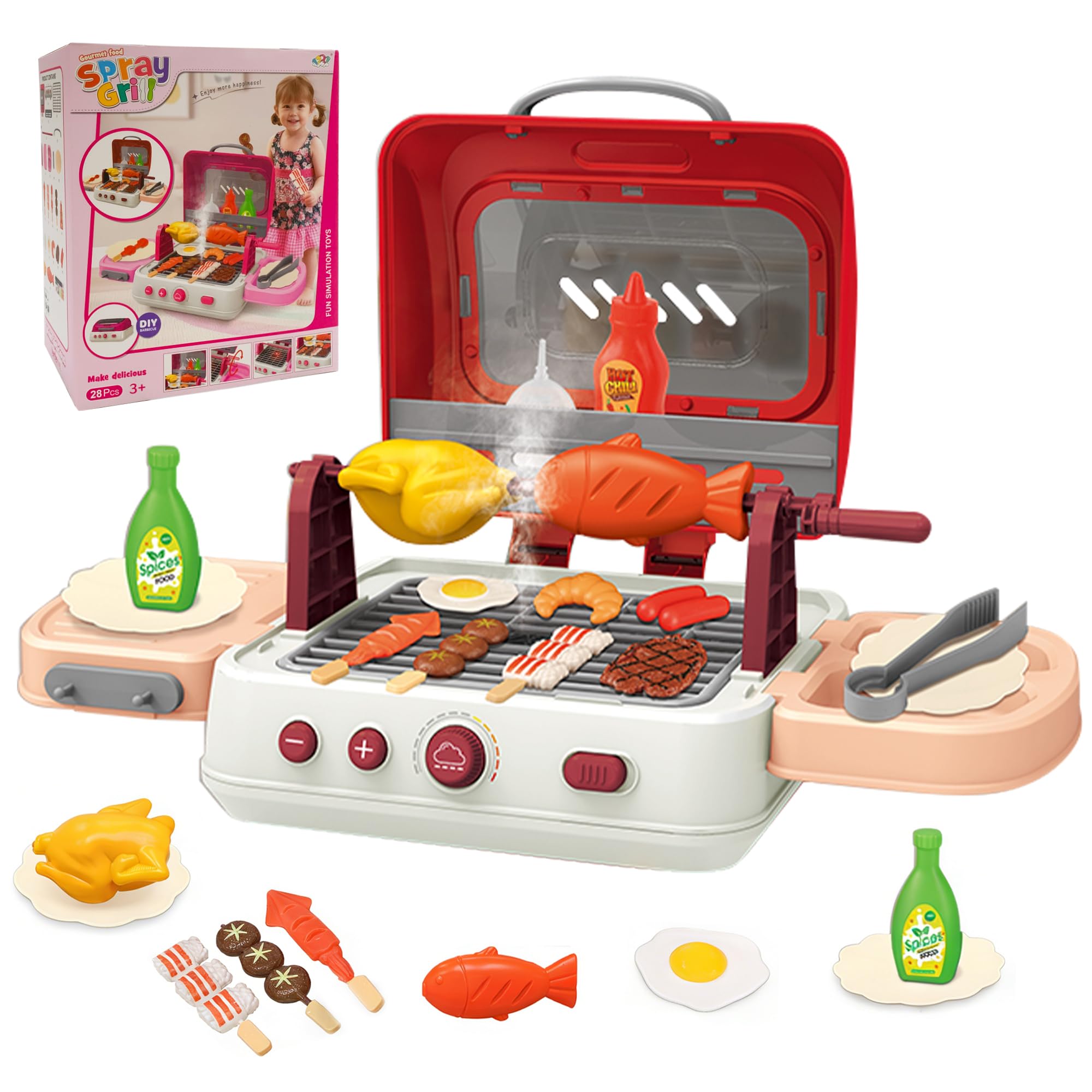 CATCHLUCK Kids BBQ Grill Toys Set Play Kitchen Set for Kids Kitchen Grill Toys with Accessorie & Realistic Smoke/Sound/Light Play Toys for 3 4 5 Year Old Girls Boys Gifts (Red-1)