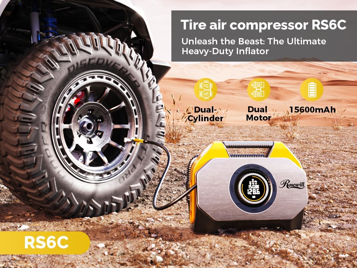 Rosewill Vortex RS6C Cordless Tire Inflator Portable Air Compressor, 160 PSI Air Pump for Car Tires with 15600 mAh Battery, 100% Duty Cycle & Dual Cylinder, Air Pump for Heavy-Duty Vehicle, Orange - Image 2