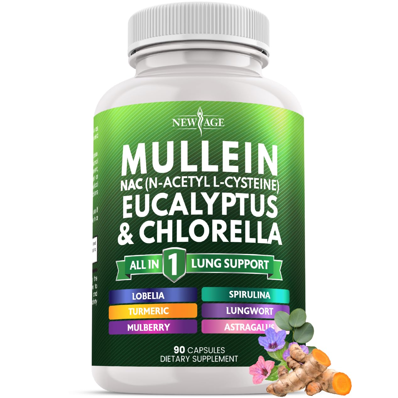 NEW AGE Suplemento Fitoterápico de Folha de Mullein com NAC, Clorofila, Chlorella, Sabugueiro, Gengibre, Alcaçuz, Astragalus, Orégano e Cúrcuma, 90 cápsulas