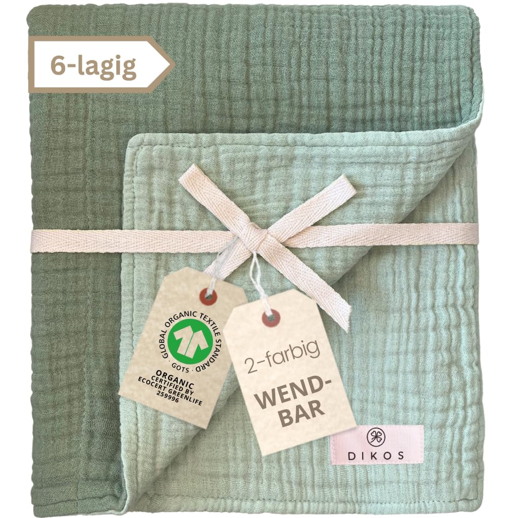 DIKOS® Musselin Babydecke Sommer 6-lagig 70×100 cm – Bio-Baumwolle (GOTS & Öko-Tex) – salbeigrün/Mint – weich & atmungsaktiv – Kuscheldecke, Spucktuch, Puckdecke – Geschenk Geburt Mädchen & Jungen