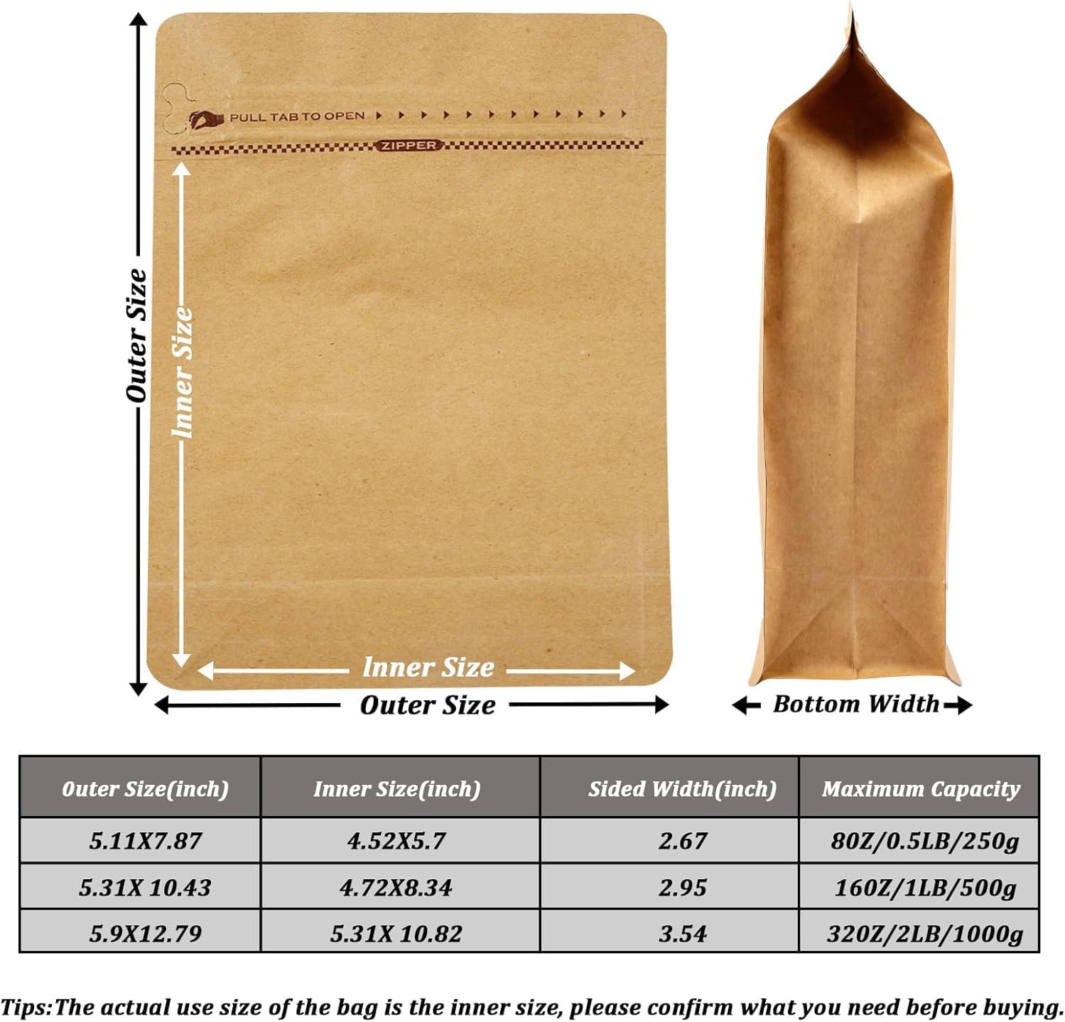 Coffee Bags without Valve (50 PCS,32oz/2lb) Kraft Paper High Barrier Aluminum Foil Flat Bottom Standing Coffee Beans Storage Packaging Bags, Reusable Heat Seal Side Zipper Pouches for Small Business