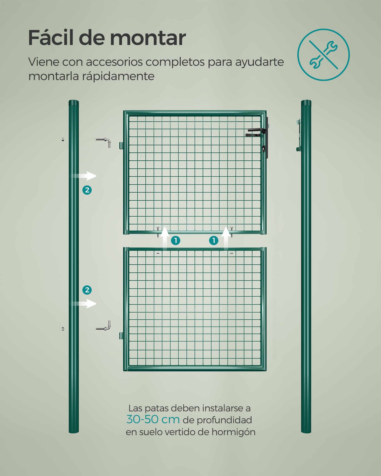 SONGMICS Puerta de Jardín de Acero Galvanizado, Puerta para Valla, con Cerradura, Manija y Llave, 106 x 150 cm (Largo x Alto), Verde GGD200G