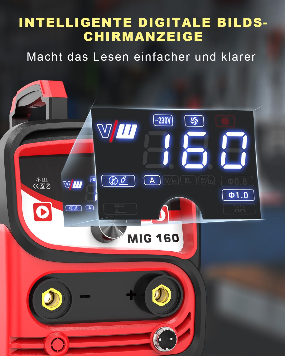 VECTOR WELDING MIG MMA Schweissgerät 160 A, Fülldraht Schweißgerät Set für Anfänger, IGBT Schutzgasschweißgerät mit Digitales Display Gasfrei-Funktion Schutz gegen Überhitzung