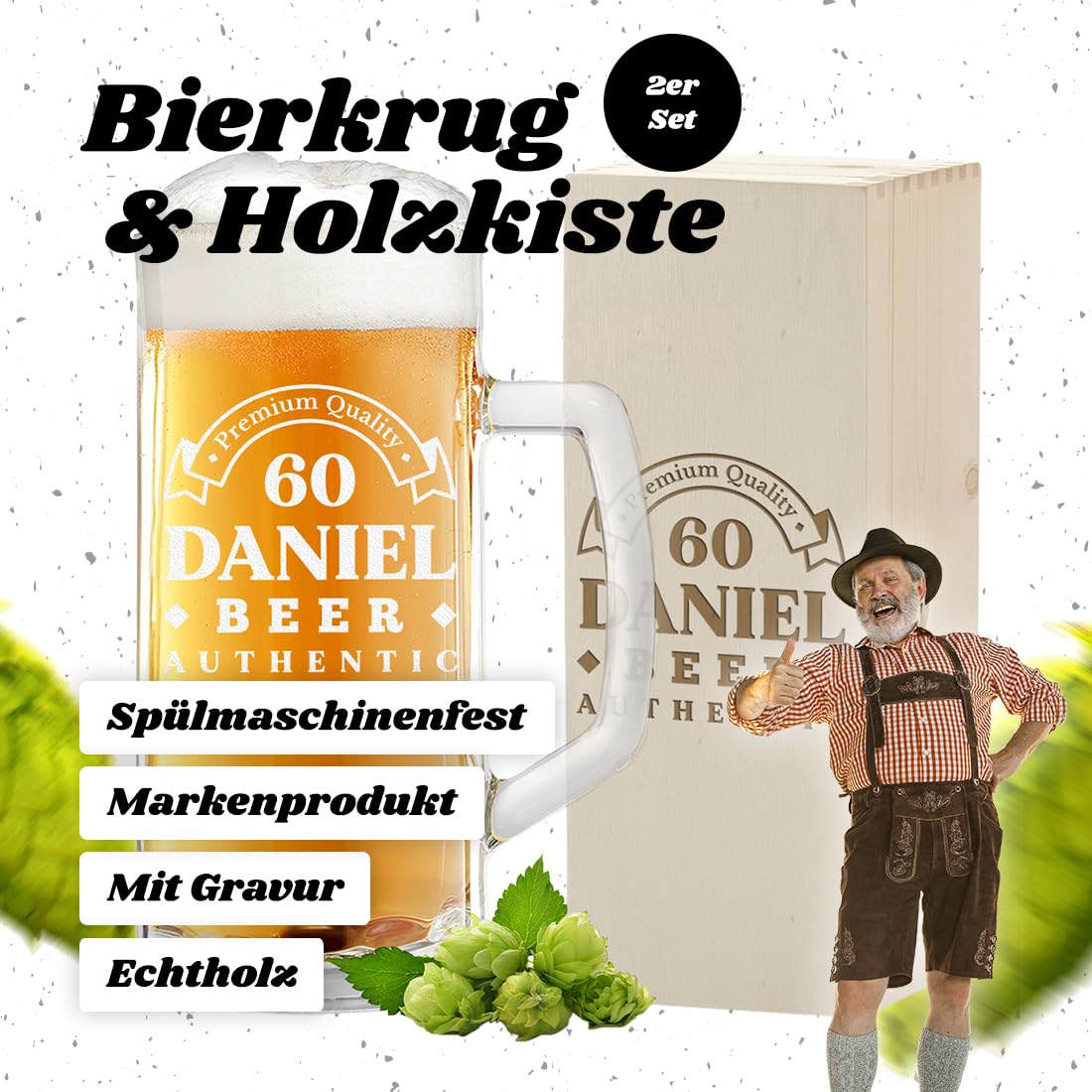 Coffret cadeau 2 pièces : 1 chope à bière de 0,5 l et 1 boîte en bois avec gravure pour homme – Cadeau d'anniversaire – Cadeau de fête des pères – Verre à bière avec trait de remplissage – Pour tous
