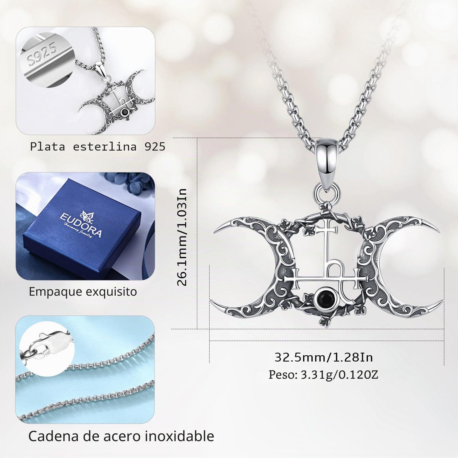 Collar Sello de Lilith Triple Luna Diosa para Mujer Plata de Ley 925, Vintage Lilith Witcher Collars Wicca Colgante Runas Joyería Amuleto de la Suerte Regalo para Mujer, 50CM
