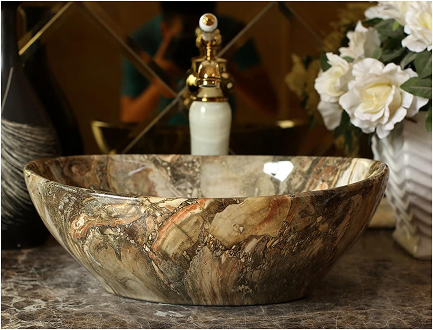 OSOSAM IMPORTED Premium Designer Table Top Ceramic Wash Basin/Vessel Sink with Slim Rim for Bathroom (16 x 13 x 5.5 Inch, Green tone, Glossy Finish)