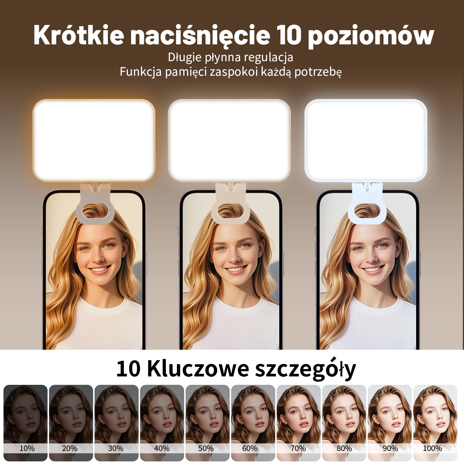 OUSFOT Lumiere Telefon z 3 trybami oświetlenia, 3000-6500K, 10 poziomów jasności do telefonu z baterią 2000 mAh z klipsem, do telefonu, aparatu, komputera