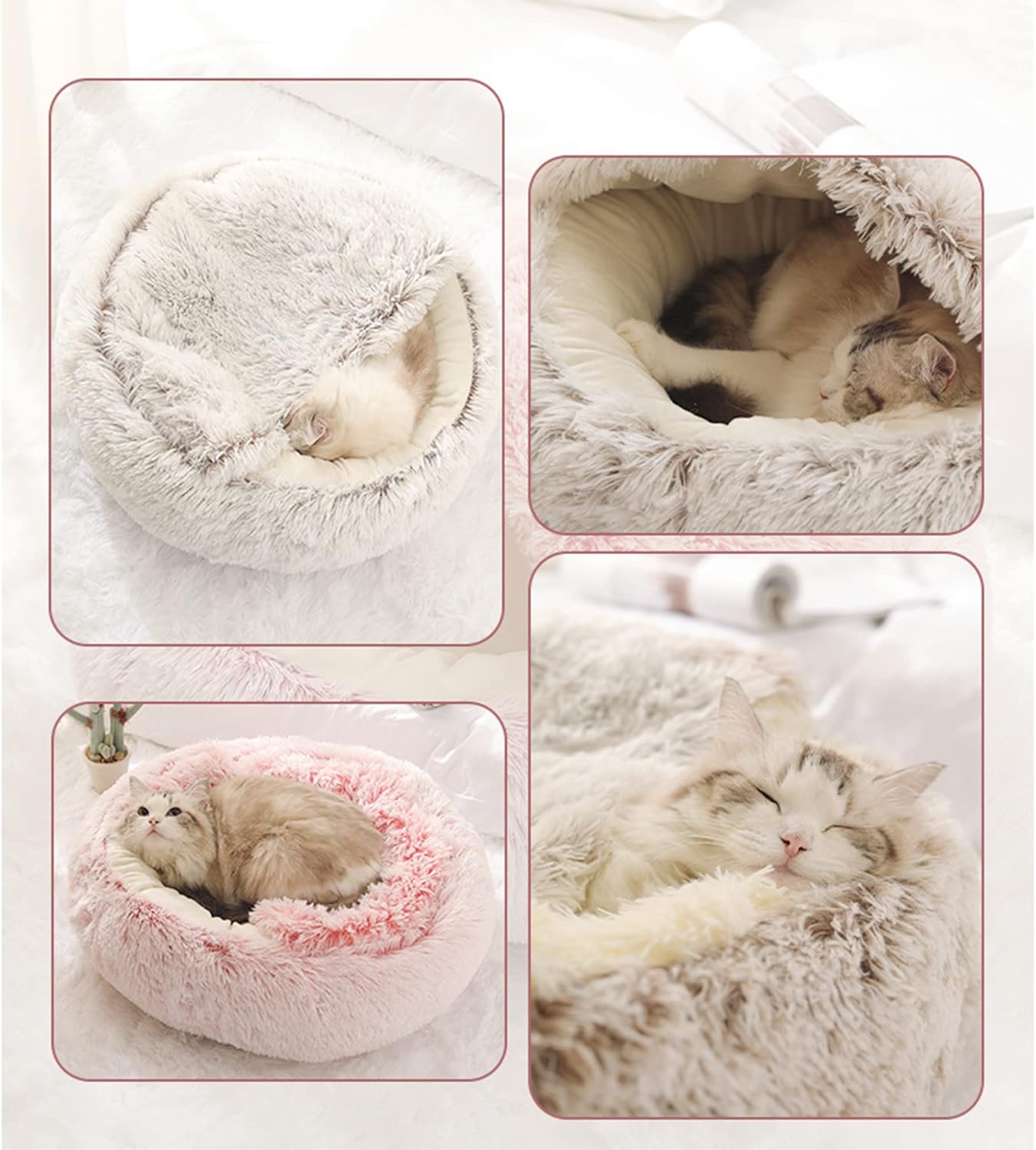 Calming Cat Bed 2 in 1 Soft Pet Cosy Bed for Indoor Cats or Small Dogs Sleeping Cushion Bed Puppy Kitten Plush Pet Beds Anxiety Relief Fluffy Dog Bed,50cm,Pink