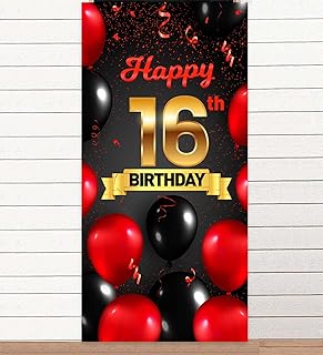 Happy 16th Birthday Red and Black Balloons Confetti Banner Backdrop Cheers to 16 Years Old Bady Theme Decorations Decor for Girls Boys 16th Birthday Party Supplies Favors Background Photo Booth Props Gold