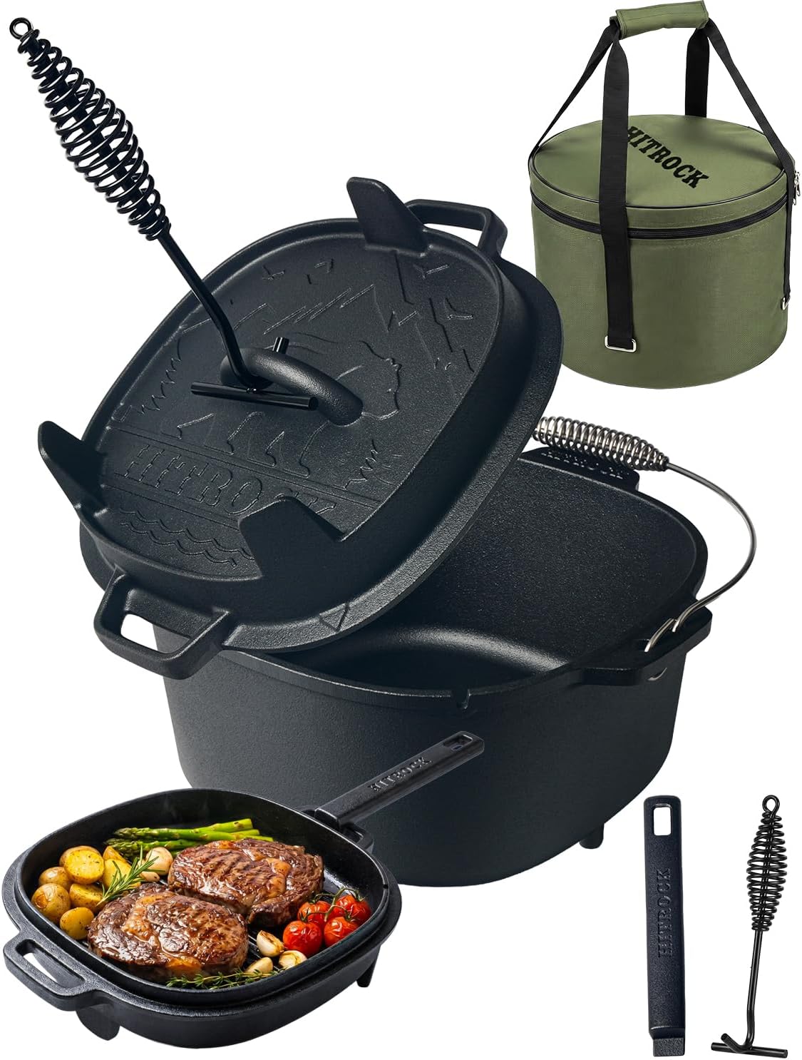 HITROCK Cast Iron Square Camp Dutch Oven with Legs 7QT, Pre-Seasoned Camping Dutch Oven with Lid, Outdoor Pot with Lid Lifter, Storage Bag & Handle for Camping, Baking, Grilling