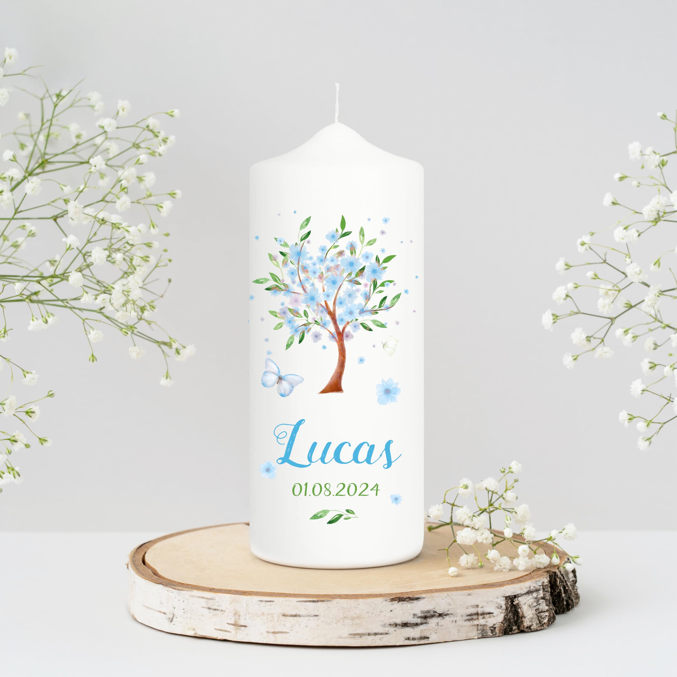 Bougie Baptême personnalisée Fille Garçon motif Arbre fleuri – Cierge Baptême avec prénom et date – Cierge de parrainage – Bougie imprimée – Cadeau parrain marraine – 25 x 7 cm