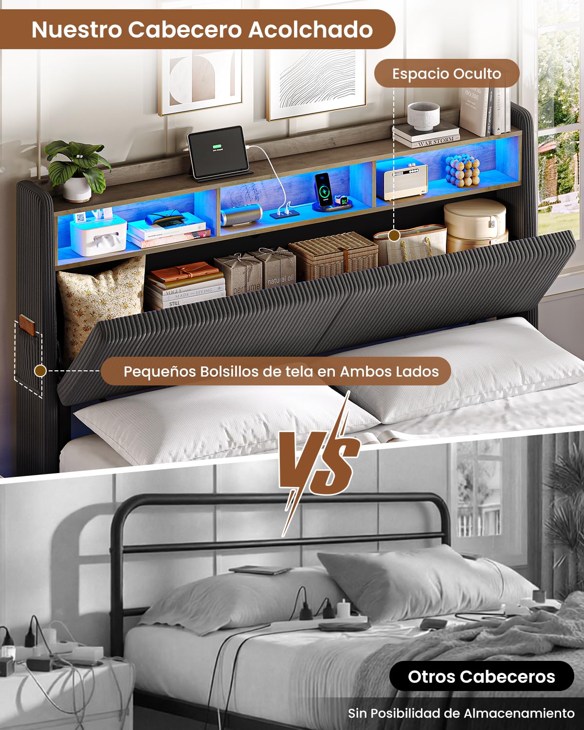 AOGLLATI Cama Matrimonio 180x200 con Almacenamiento Pana Gris Oscuro | Cama con Efecto Visual Levitante Cama con 270°LED y Estación de Carga, Cama Juvenil con Cabecero Marco de Cama Canape