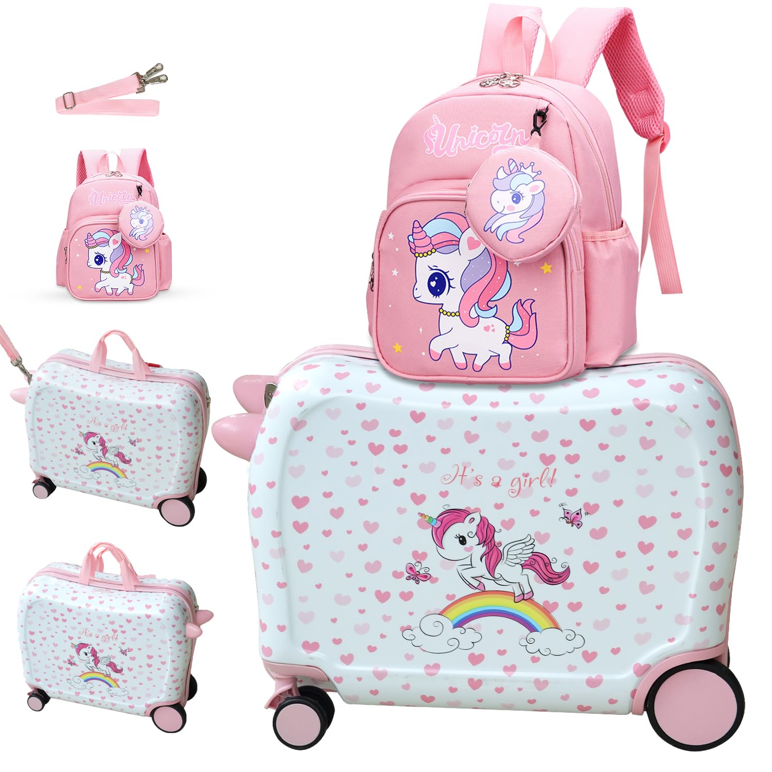 R.Leone Valigia Cavalcabile per Bambina EasyJet 45x36x20 cm + 30x23x14 cm Set 2 Pezzi Trolley Bagaglio a mano 4 Ruote e Zaino 3252 (Unicorno, Valigia 45x36x20cm+Zaino con corno)