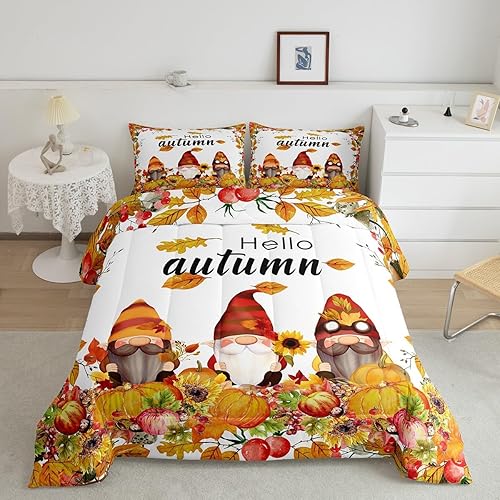Erosebridal Juego de edredón de gnomo escandinavo, juego de ropa de cama de hojas de árbol de otoño, tamaño matrimonial, edredón acolchado de