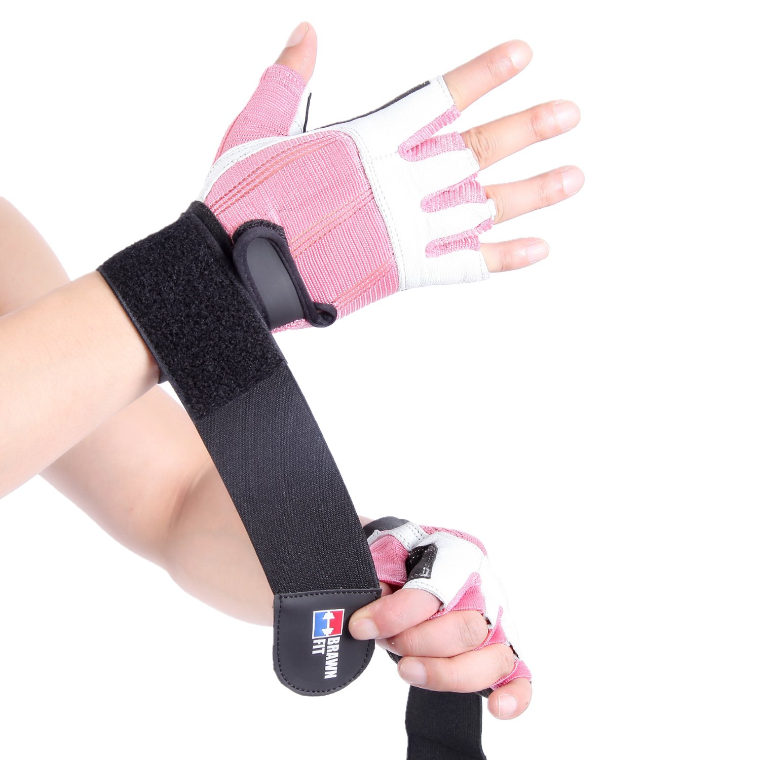 Piel suave Gimnasio Levantamiento de pesas guantes sin dedos con 12 "muñeca apoyo gimnasio con doble costura estilo para hombres y mujeres Brawn Fit, Rosado/Blanco