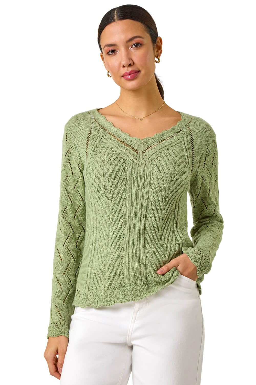 Roman Women's Khaki Scallop V-Neck Knit Jumper In Size 12