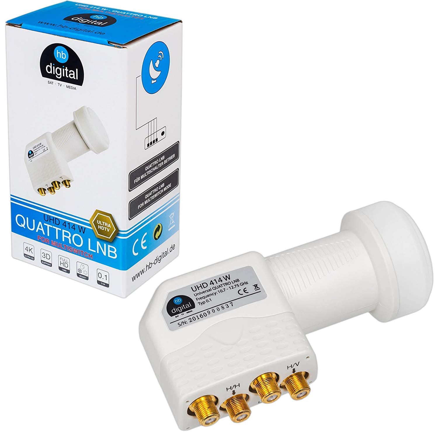 HB-DIGITAL DVB-S/S2 Multiswitch 5/8 + Quattro LNB UHD 414 W bianco + 24 connettori F dorati | Multiswitch per 1 SAT, 8 partecipanti | Quad | incl. alimentatore di rete | MS58Q-HB | FullHD 4K UHD