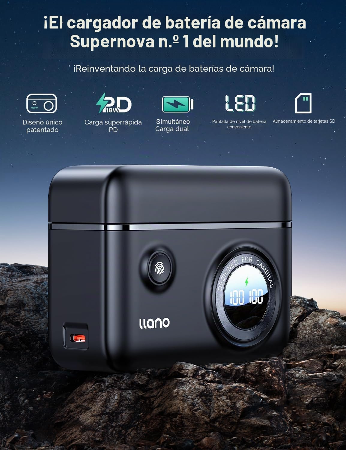llano NP-FZ100 Batería 2400mAh (Paquete 2) & Cargador Rápido 18W para Sony Alpha A7IV A7III A6700 FX3 FX30 A7CII ZV-E10II A7RV A9, Cargador Doble USB C con Pantalla Digital (CS2)