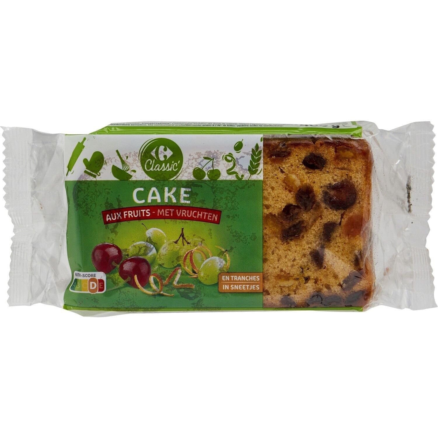CARREFOUR CLASSIC' - Cake aux Fruits Confits, Raisins Secs et Raisins Macérés en Tranches - le paquet de 400g - Le Lot De 4