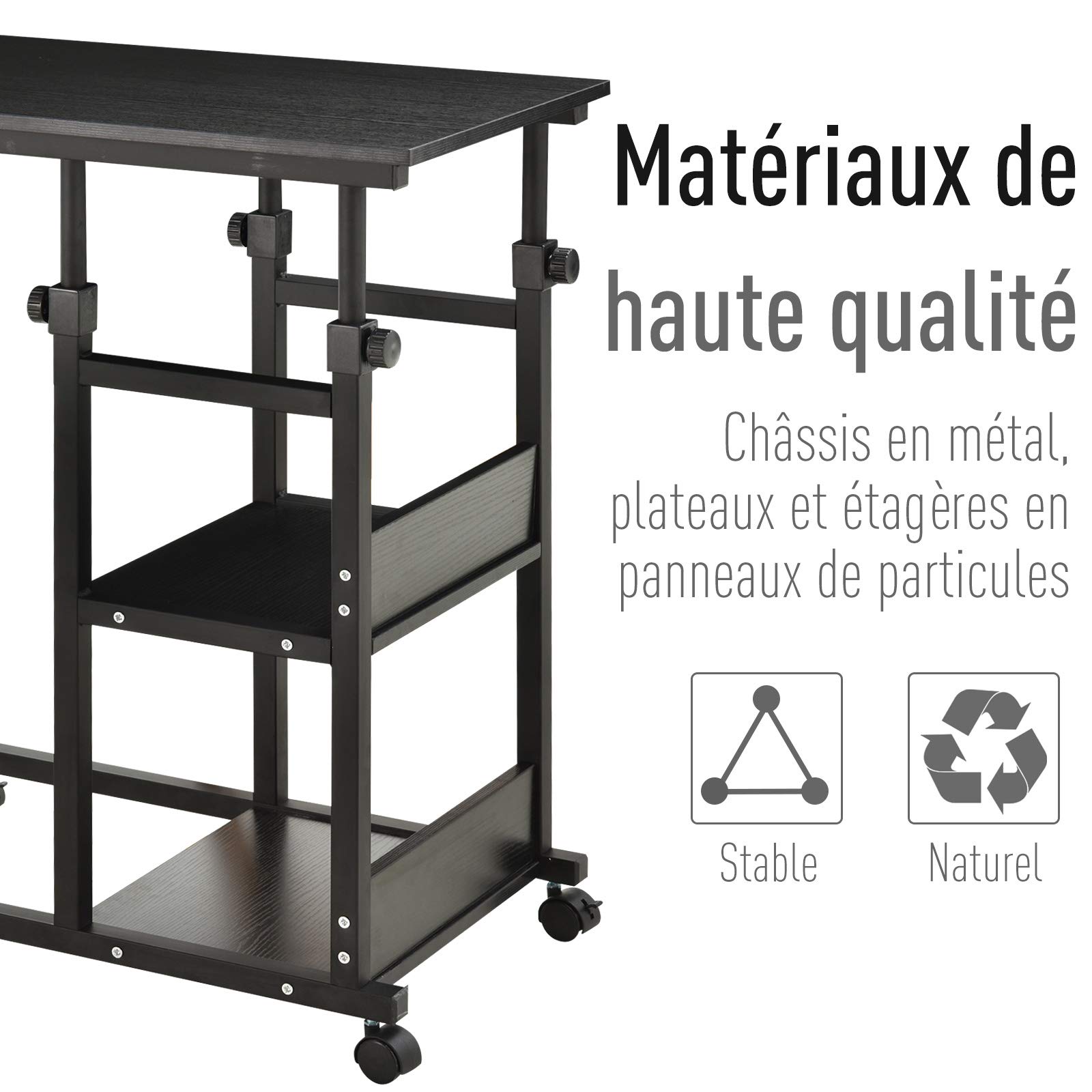 HOMCOM Tavolino da divano, tavolino da letto, per computer portatile, altezza regolabile, 2 ripiani integrati, telaio in metallo nero